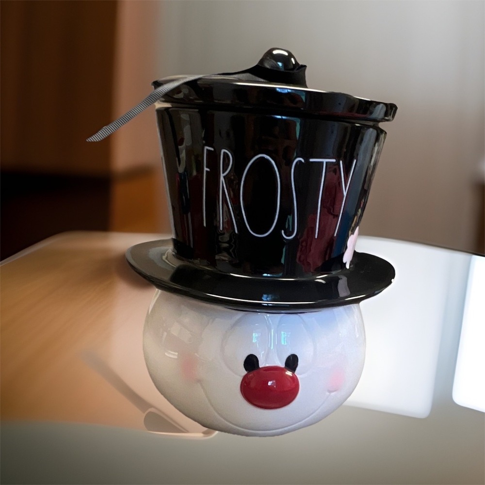Rae Dunn Frosty the Snowman Ceramic Cookie Jar 9in w/ Lid Black Hat by sm chip